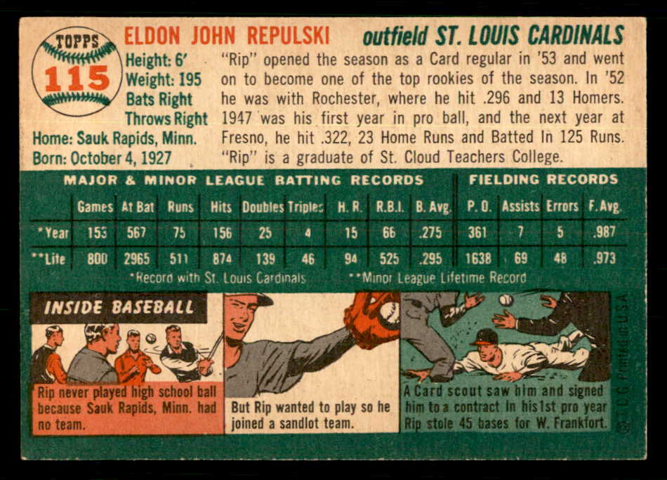 1954 Topps Baseball #115 Rip Repulski Cardinals EX-MT 550129