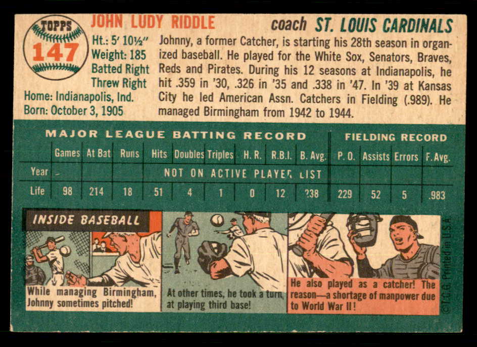 1954 Topps Baseball #147 Johnny Riddle Cardinals EX-MT 550142