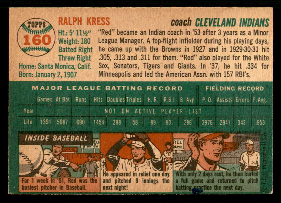 1954 Topps Baseball #160 Red Kress Indians EX-MT 550146
