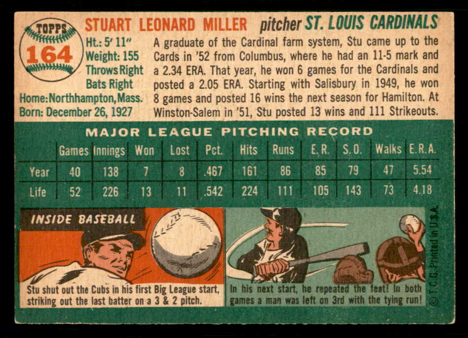1954 Topps Baseball #164 Stu Miller Cardinals EX-MT 550149