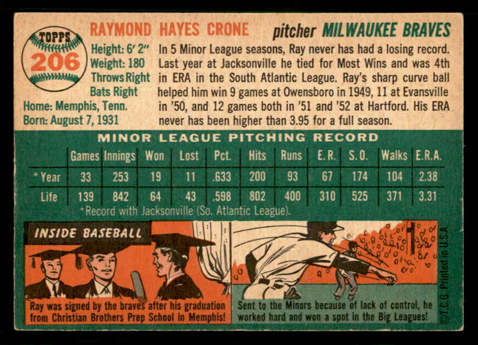 1954 Topps Baseball #206 Ray Crone Braves EX-MT 550156