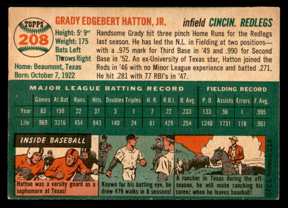1954 Topps Baseball #208 Grady Hatton Reds EX-MT 550158