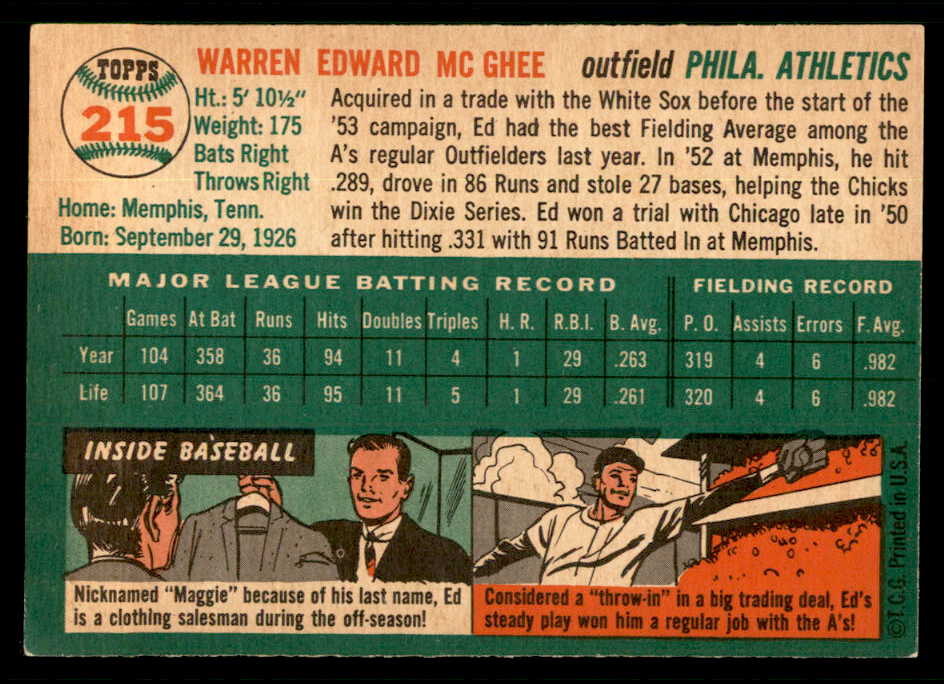 1954 Topps Baseball #215 Ed McGhee A's EX-MT 550161