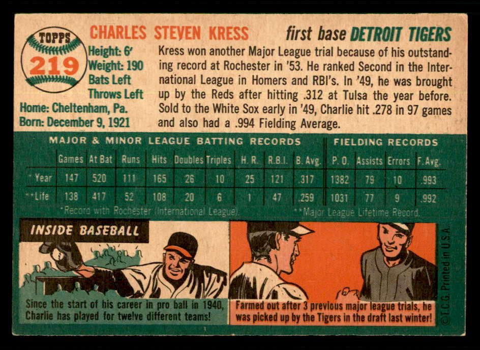 1954 Topps Baseball #219 Charlie Kress Tigers EX-MT 550162
