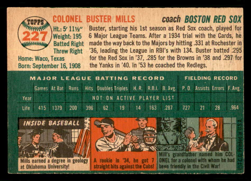 1954 Topps Baseball #227 Buster Mills Red Sox EX-MT 550163