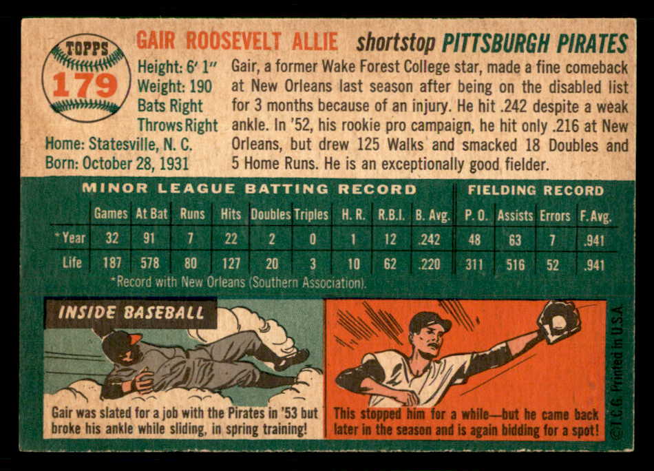 1954 Topps Baseball #179 Gair Allie Pirates EX-MT 550178