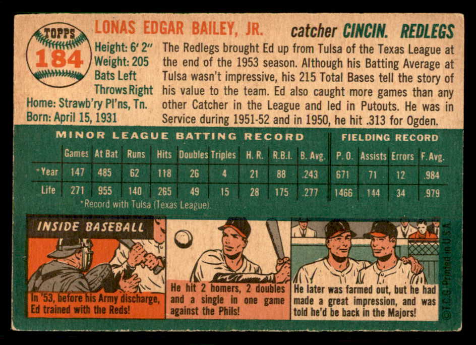 1954 Topps Baseball #184 Ed Bailey Reds EX-MT 550180