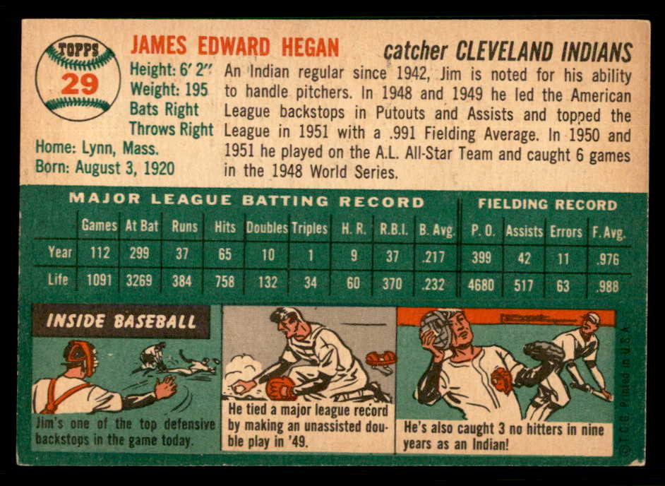 1954 Topps Baseball #029 Jim Hegan Indians EX-MT 550181