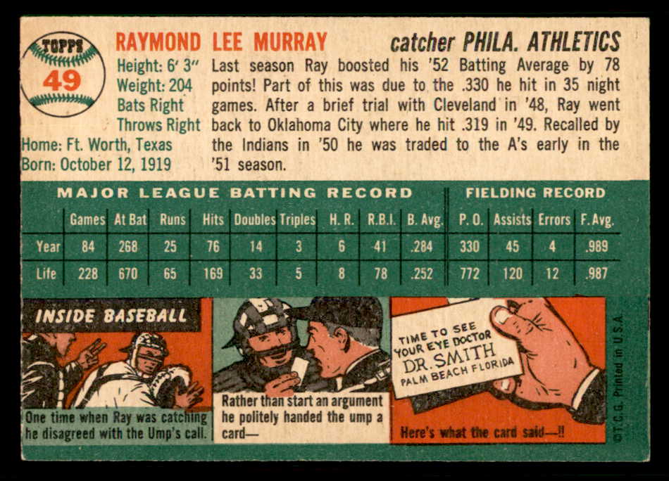 1954 Topps Baseball #049 Ray Murray A's EX-MT 550184