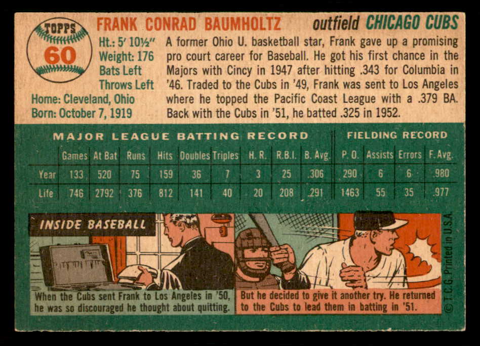 1954 Topps Baseball #060 Frank Baumholtz Cubs EX-MT 550190