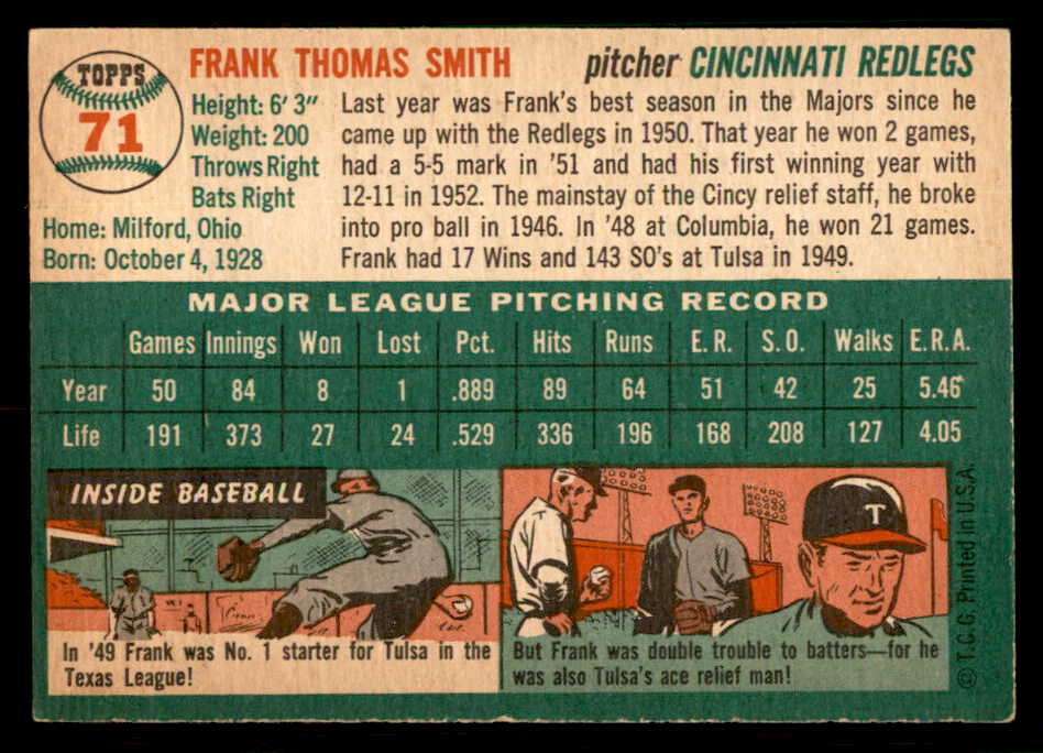 1954 Topps Baseball #071 Frank Smith Reds EX-MT 550198