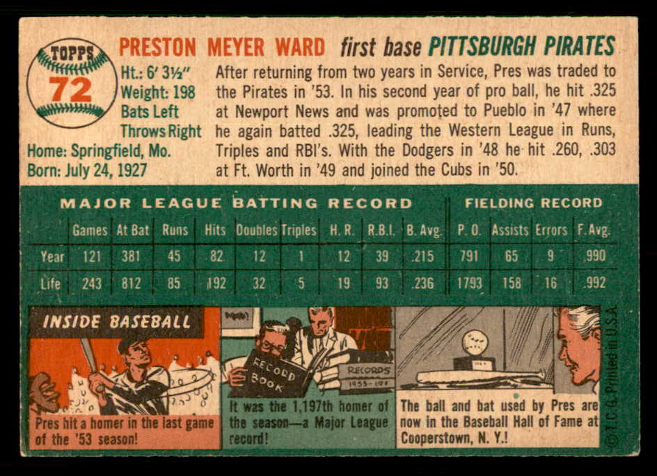 1954 Topps Baseball #072 Preston Ward Pirates EX-MT 550199