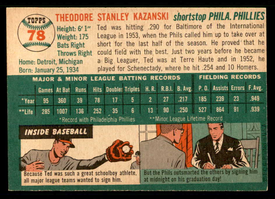 1954 Topps Baseball #078 Ted Kazanski Phillies EX-MT 550203