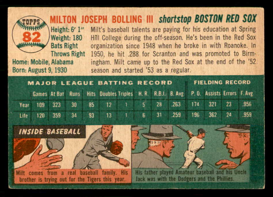 1954 Topps Baseball #082 Milt Bolling Red Sox EX-MT 550207