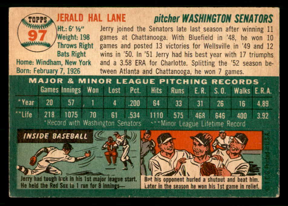 1954 Topps Baseball #097 Jerry Lane Senators EX-MT 550213