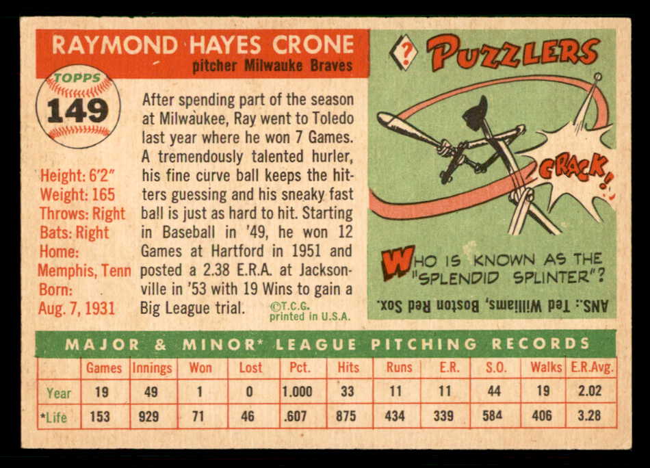 1955 Topps Baseball #149 Ray Crone Braves EX-MT 550223
