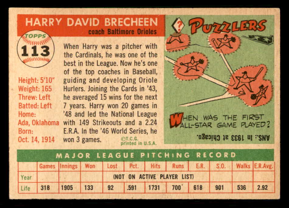 1955 Topps Baseball #113 Harry Brecheen Orioles EX-MT 550224