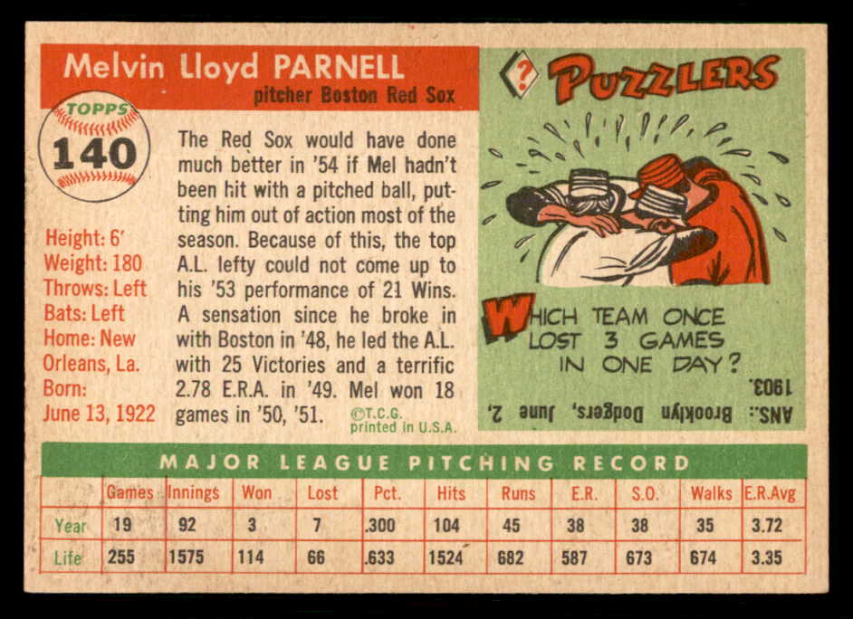 1955 Topps Baseball #140 Mel Parnell Red Sox EX-MT 550232