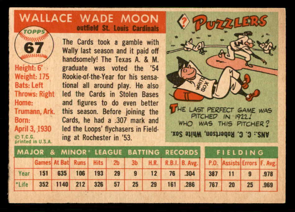 1955 Topps Baseball #067 Wally Moon Cardinals EX-MT 550235