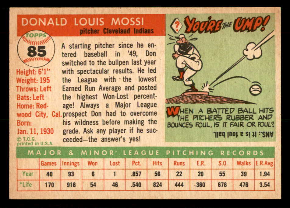 1955 Topps Baseball #085 Don Mossi Indians EX-MT 550236