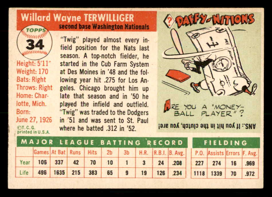 1955 Topps Baseball #034 Wayne Terwilliger Senators EX-MT 550239
