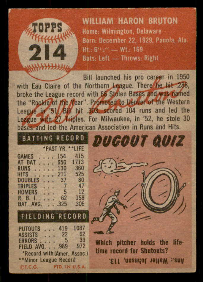 1953 Topps Baseball #214 Bill Bruton Braves EX-MT 550243
