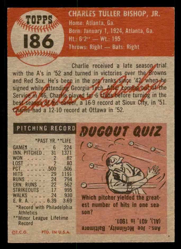 1953 Topps Baseball #186 Charlie Bishop A�S EX-MT 550251
