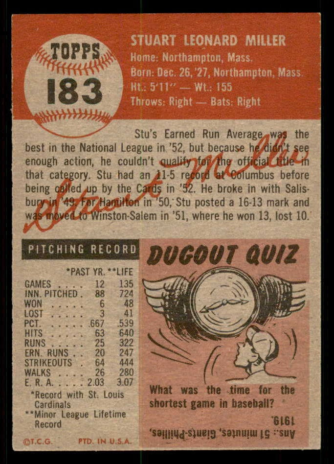 1953 Topps Baseball #183 Stu Miller Cardinals EX-MT 550254