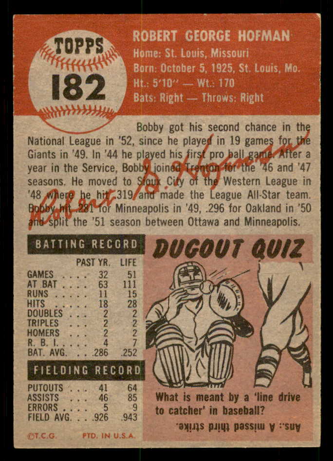 1953 Topps Baseball #182 Bobby Hofman Giants EX-MT 550255