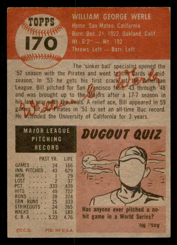 1953 Topps Baseball #170 Bill Werle Red Sox EX-MT 550260