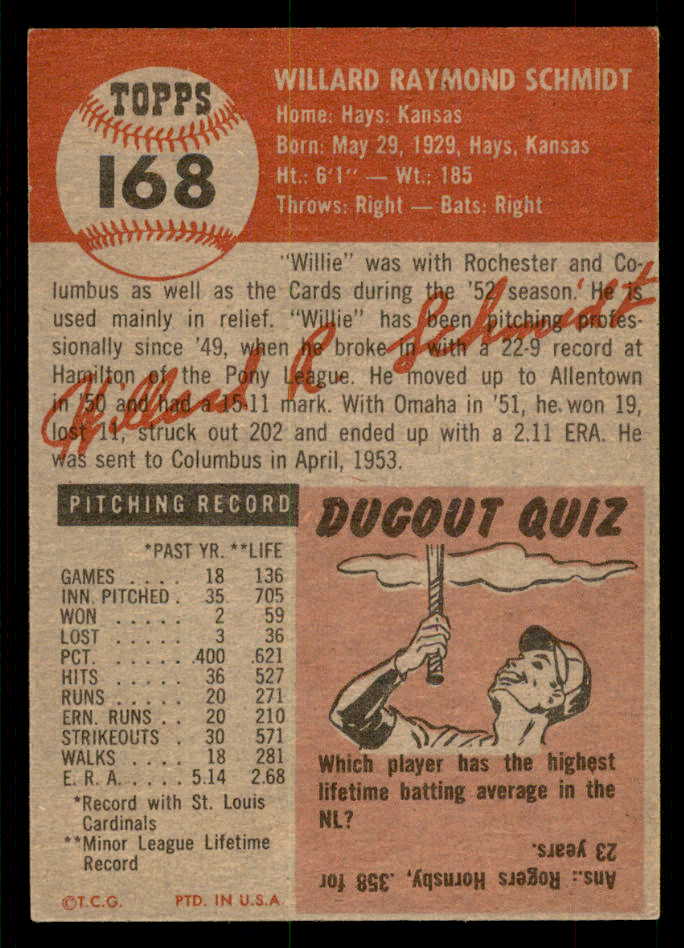 1953 Topps Baseball #168 Willard Schmidt Cardinals EX-MT 550261