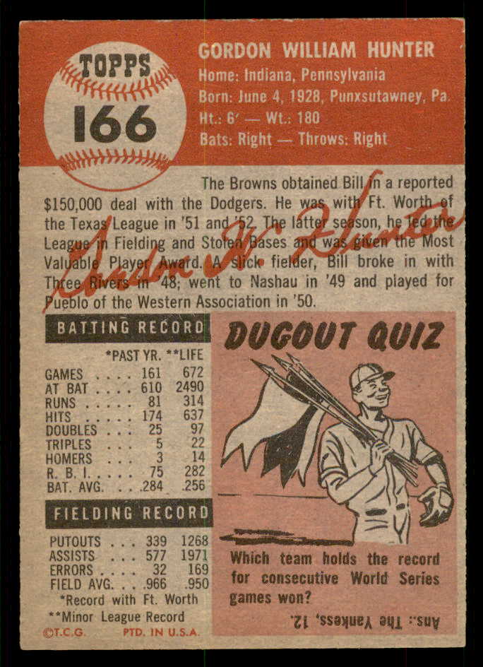 1953 Topps Baseball #166 Billy Hunter Browns EX-MT 550262
