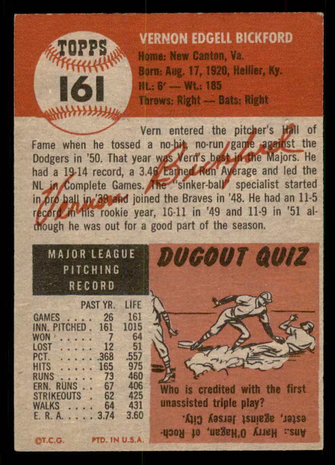 1953 Topps Baseball #161 Vern Bickford Braves EX-MT 550264