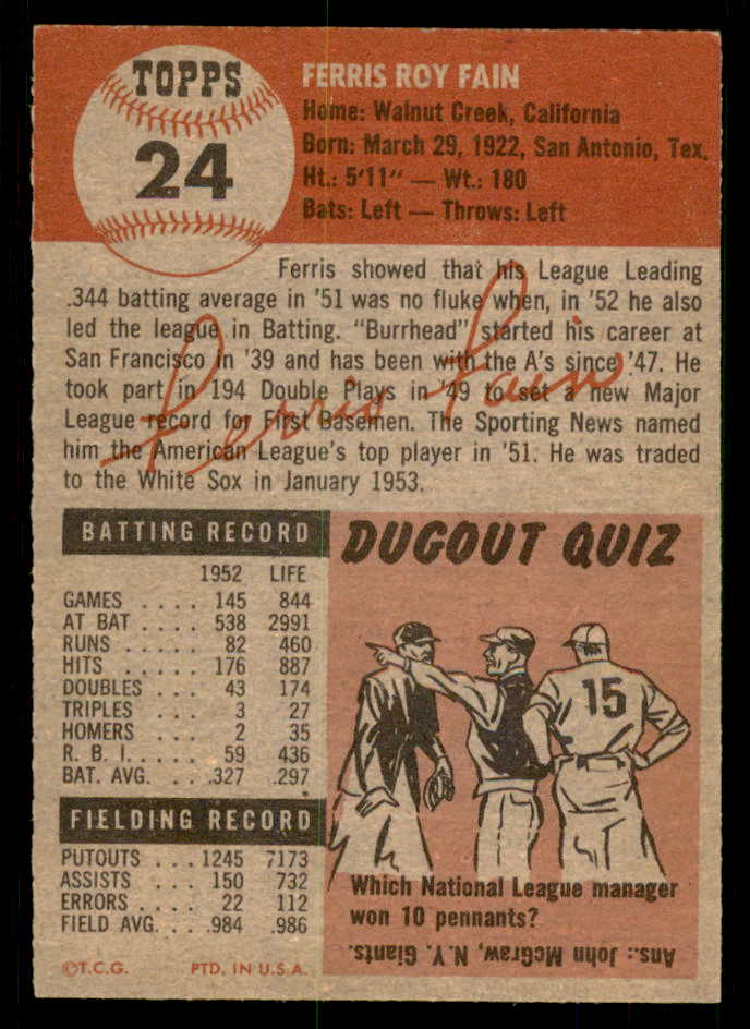 1953 Topps Baseball #024 Ferris Fain A�S EX-MT 550278