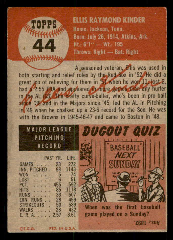 1953 Topps Baseball #044 Ellis Kinder Red Sox EX-MT 550279