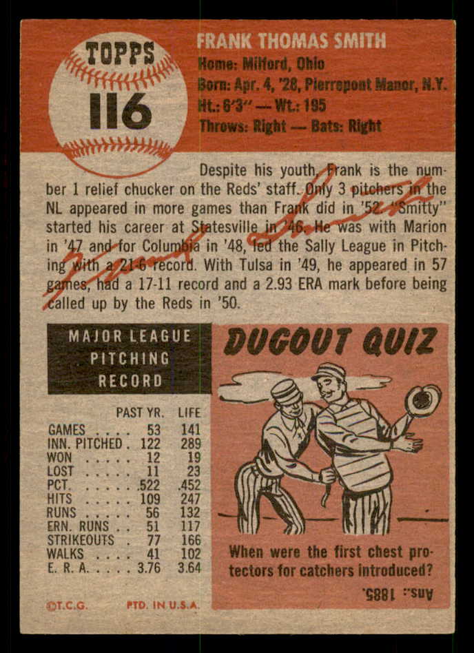 1953 Topps Baseball #116 Frank Smith Reds EX-MT 550284