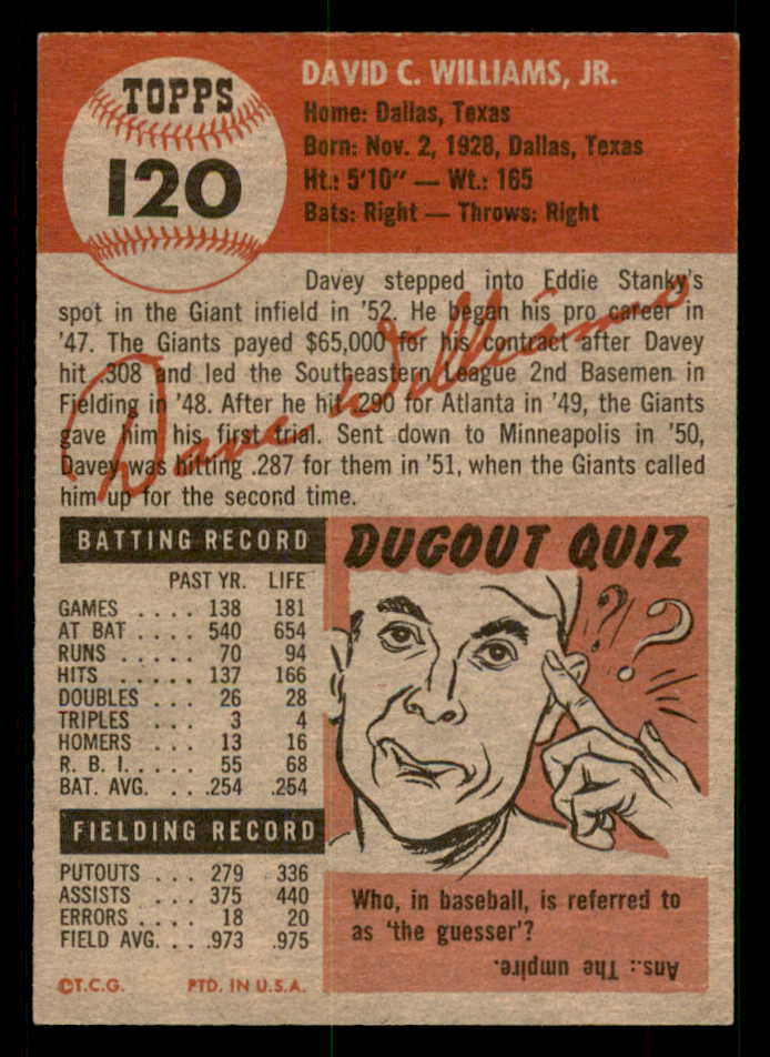 1953 Topps Baseball #120 Davey Williams Giants EX-MT 550287