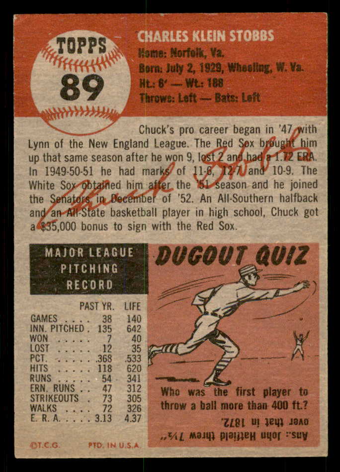 1953 Topps Baseball #089 Chuck Stobbs Senators EX-MT 550303