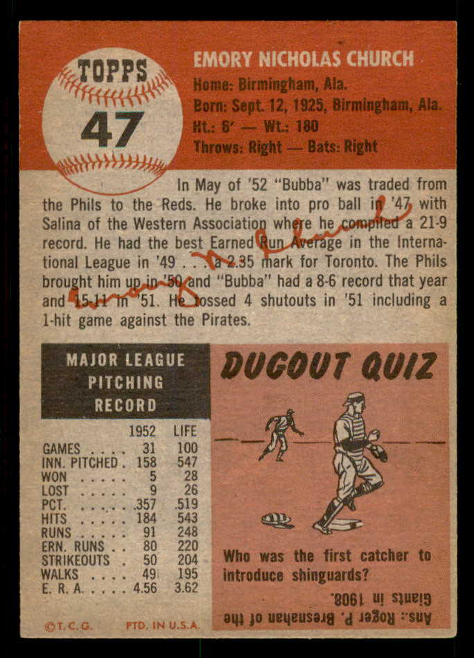 1953 Topps Baseball #047 Bubba Church Reds EX-MT 550311