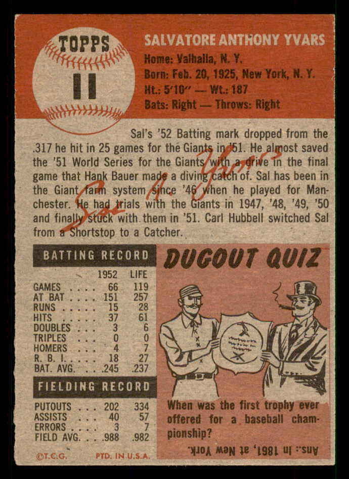 1953 Topps Baseball #011 Sal Yvars Giants EX-MT 550315