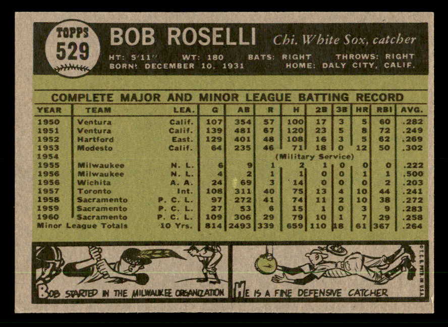 1961 Topps Baseball #529 Bob Roselli White Sox EX-MT 550454