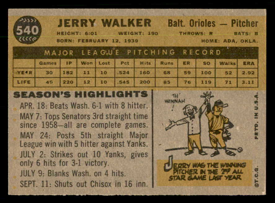 1960 Topps Baseball #540 Jerry Walker Orioles EX-MT 550466