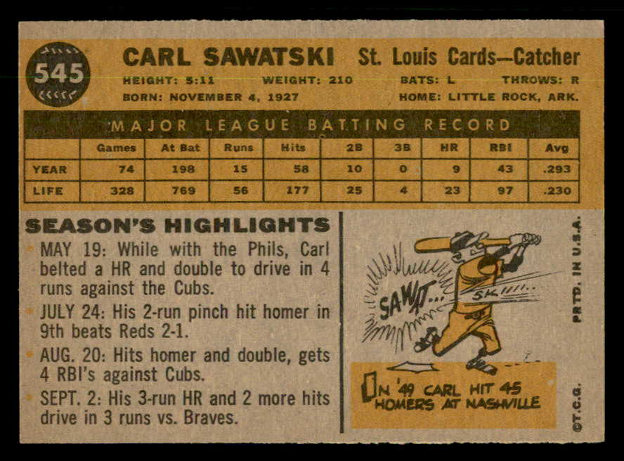 1960 Topps Baseball #545 Carl Sawatski Cardinals EX-MT 550468