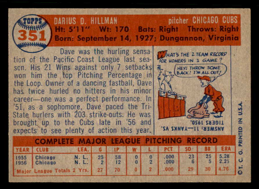 1957 Topps Baseball #351 Dave Hillman Cubs EX-MT 550575
