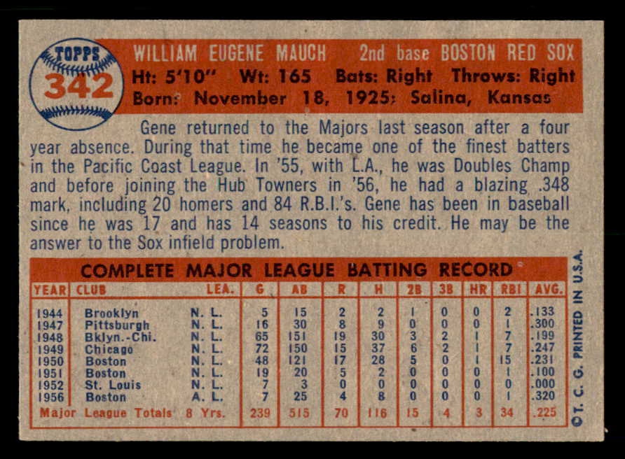 1957 Topps Baseball #342 Gene Mauch Red Sox EX-MT 550580