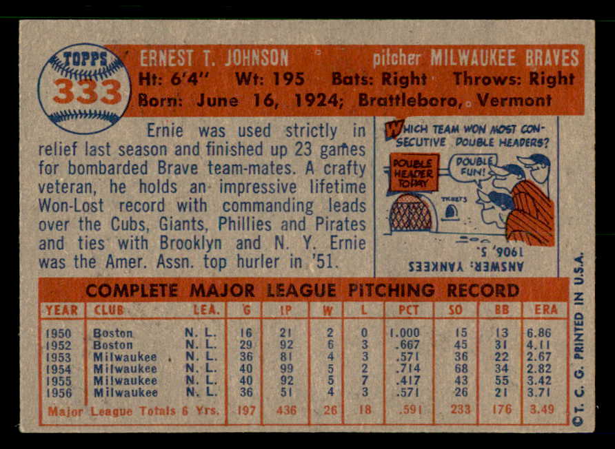 1957 Topps Baseball #333 Ernie Johnson Braves EX-MT 550585