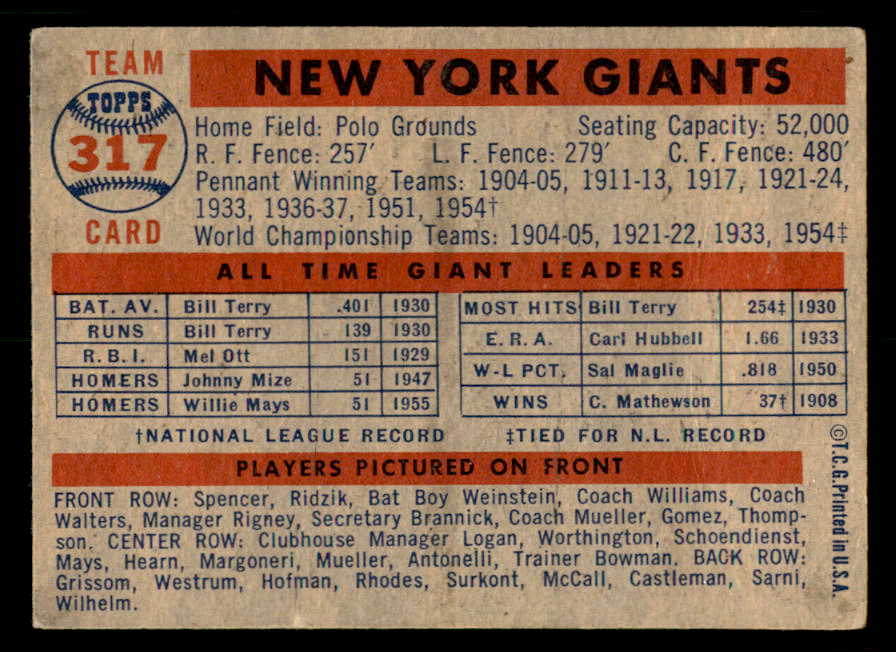 1957 Topps Baseball #317 New York Giants Team VG-EX 550632