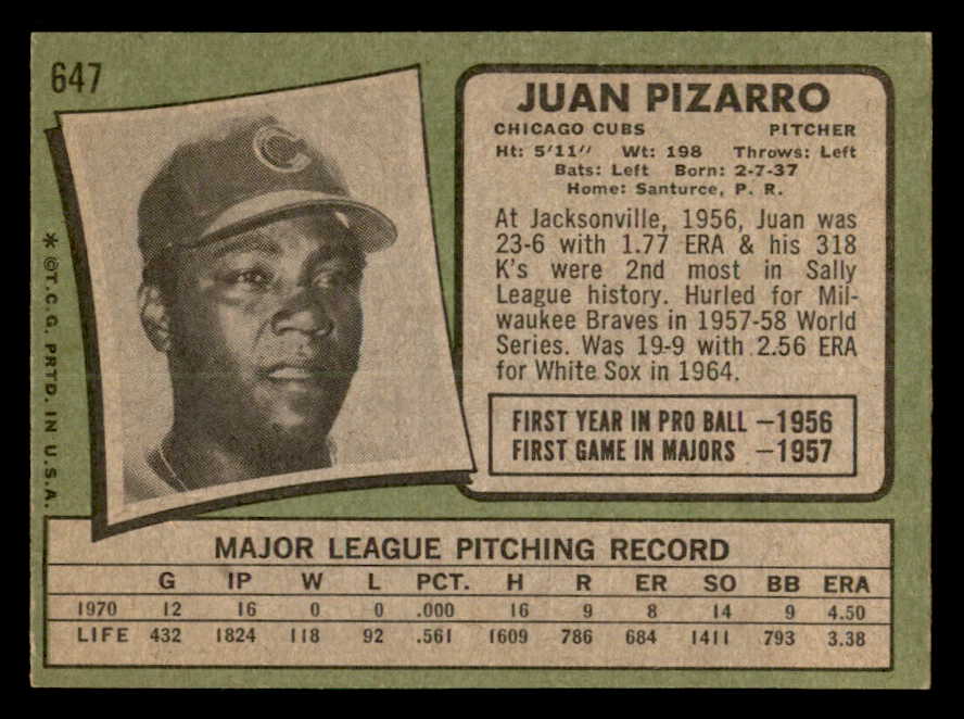 1971 Topps Baseball #647 Juan Pizarro Cubs EX-MT 550659
