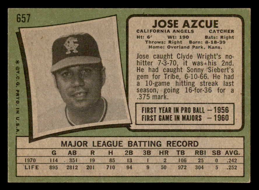 1971 Topps Baseball #657 Jose Azcue Angels EX-MT 550663