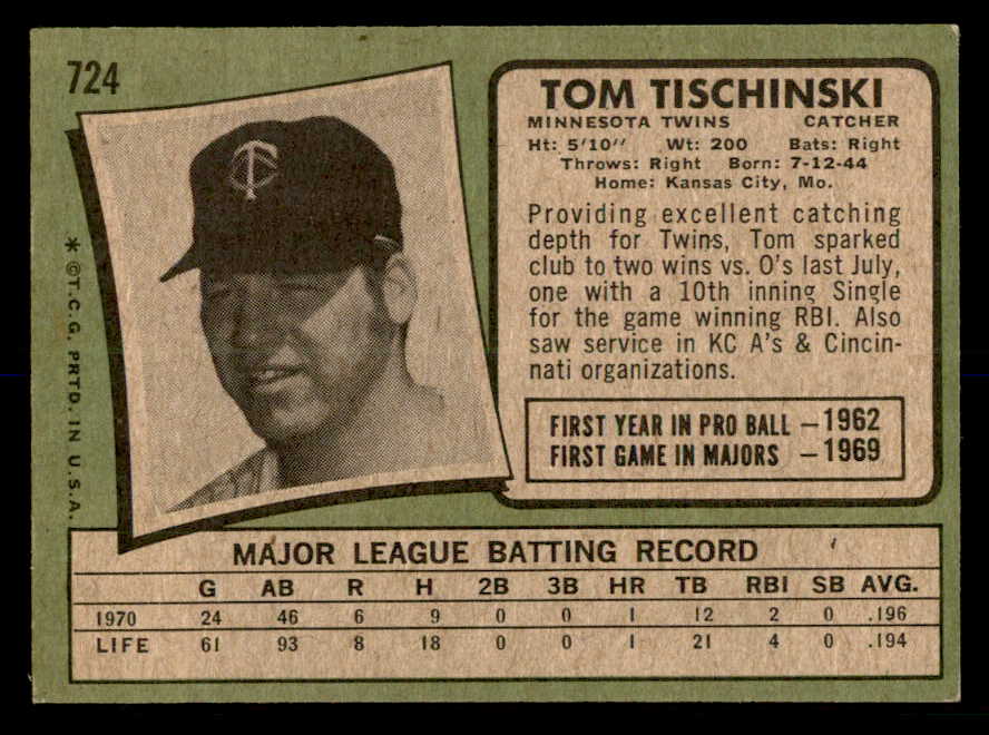 1971 Topps Baseball #724 Tom Tischinski Twins EX-MT 550694